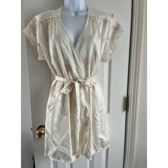 Vtg 1980's Gilead Peignoir Set Nightgown (S) and Robe (M) Beige Pink Roses Lace - Picture 2 of 10